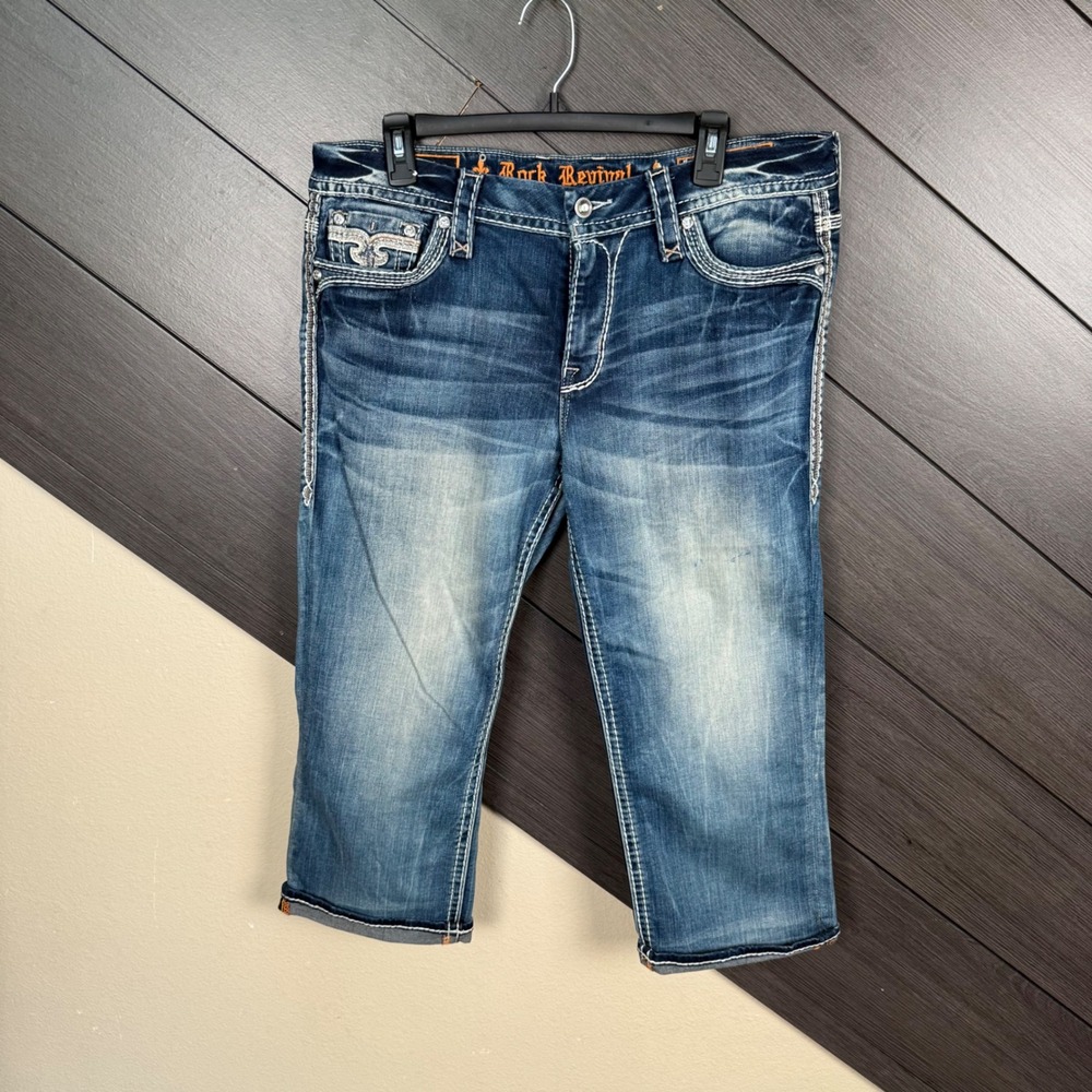 Rock Revival Priya Easy Crop Women's Jeans 31 Capri Embellished Flap Pocket Y2K